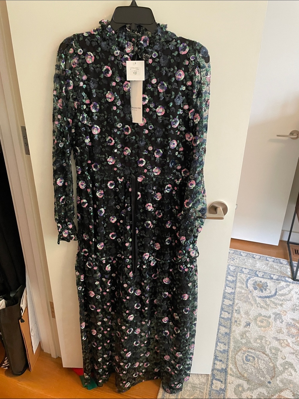 Emerson Fry Black Floral Long Sleeve Maxi Dress with Pink Accents
